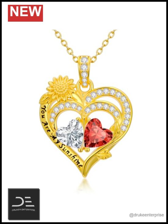 Jewelry - 14K Gold Sunflower Heart Necklace with Double Birthstones You Are My Sunshine